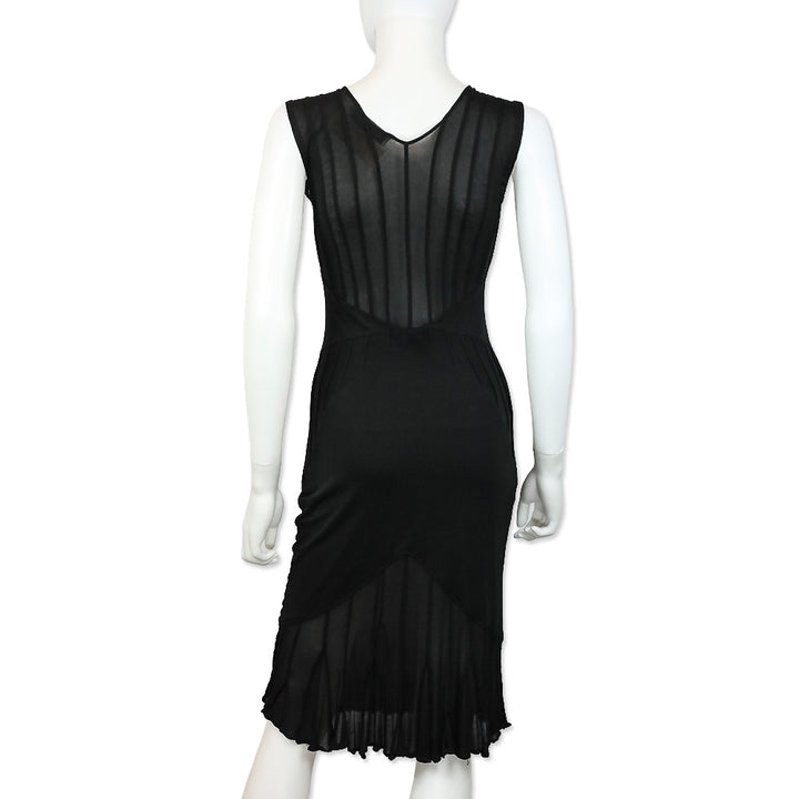Yves Saint Laurent Black Ribbed Mesh Lettuce Hem Sleeveless Midi Dress