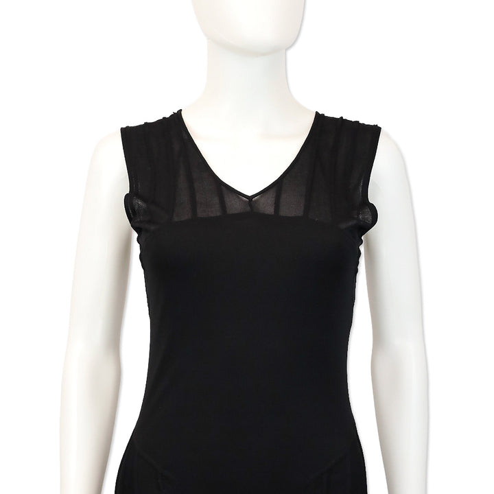 Yves Saint Laurent Black Ribbed Mesh Lettuce Hem Sleeveless Midi Dress