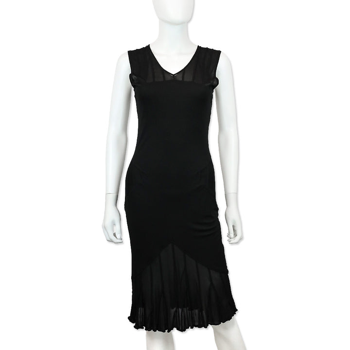 Yves Saint Laurent Black Ribbed Mesh Lettuce Hem Sleeveless Midi Dress