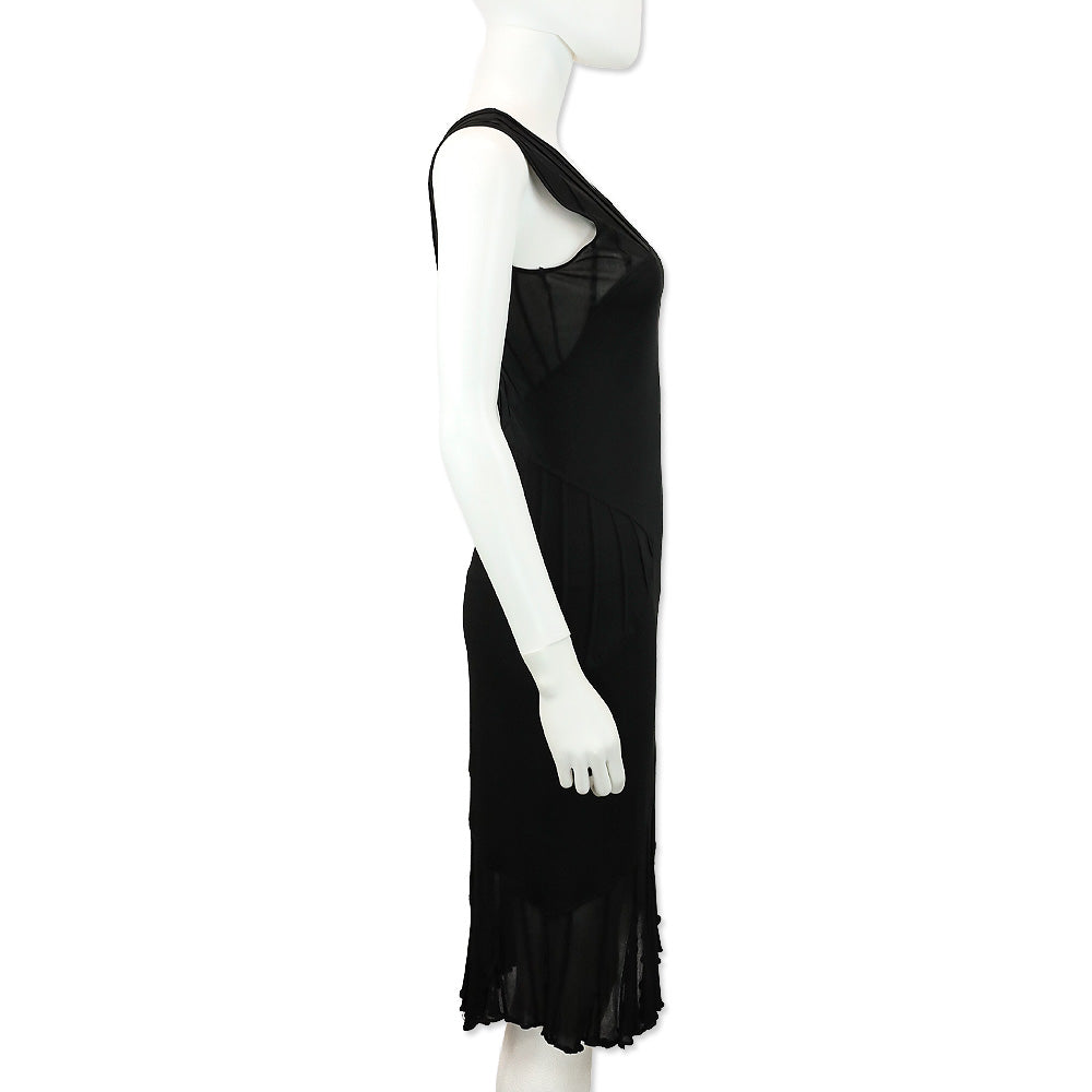 Yves Saint Laurent Black Ribbed Mesh Lettuce Hem Sleeveless Midi Dress