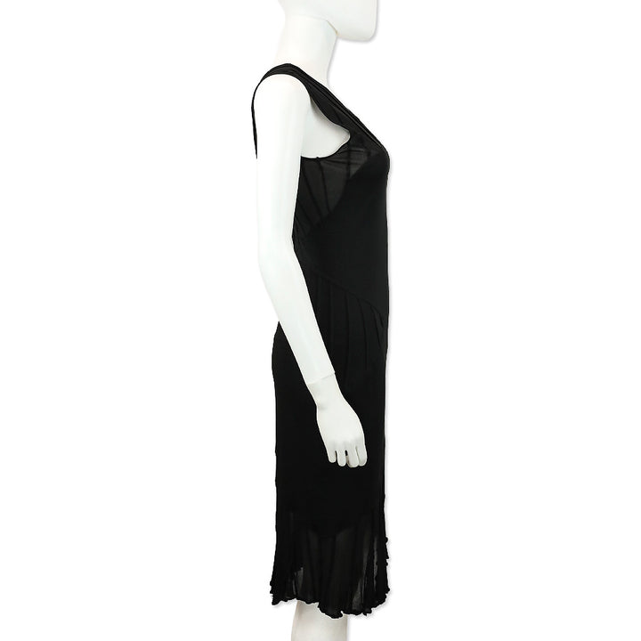 Yves Saint Laurent Black Ribbed Mesh Lettuce Hem Sleeveless Midi Dress