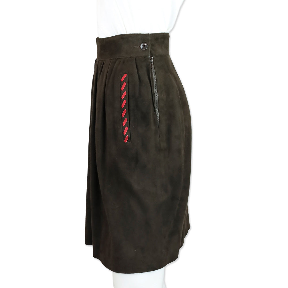 Yves Saint Laurent Brown Suede Midi Skirt with Red Stitch Accent