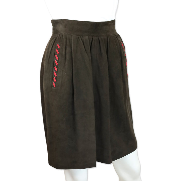 Yves Saint Laurent Brown Suede Midi Skirt with Red Stitch Accent