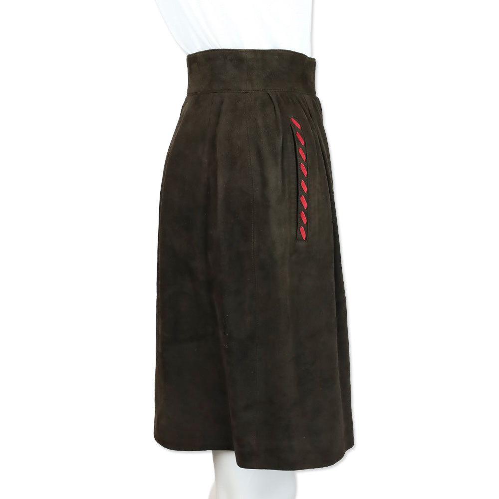 Yves Saint Laurent Brown Suede Midi Skirt with Red Stitch Accent
