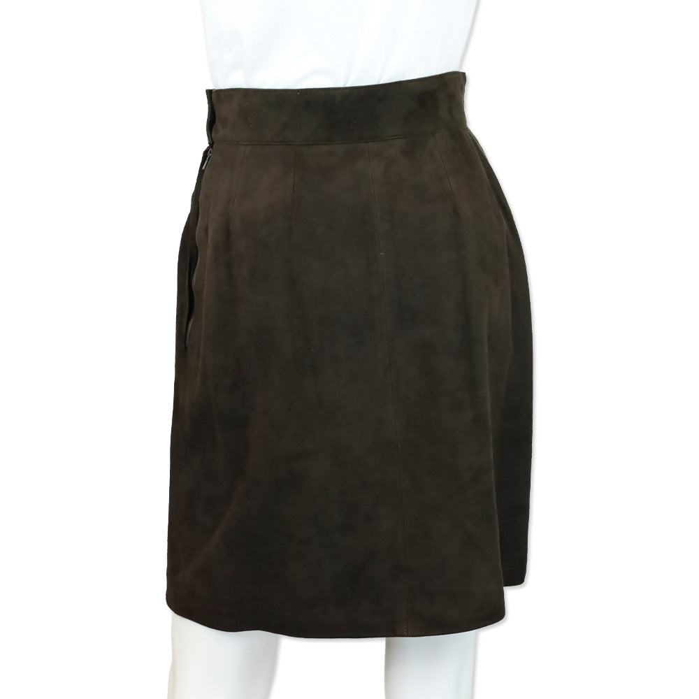 Yves Saint Laurent Brown Suede Midi Skirt with Red Stitch Accent