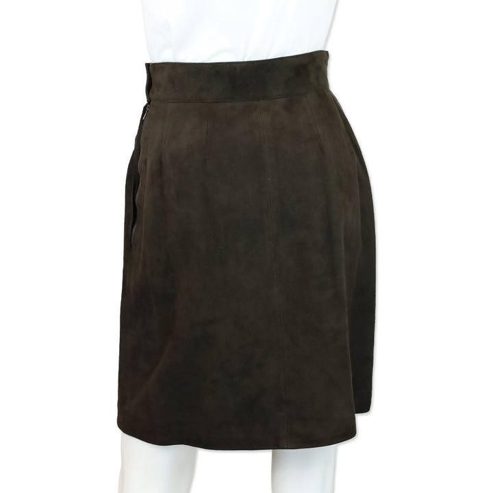 Yves Saint Laurent Brown Suede Midi Skirt with Red Stitch Accent