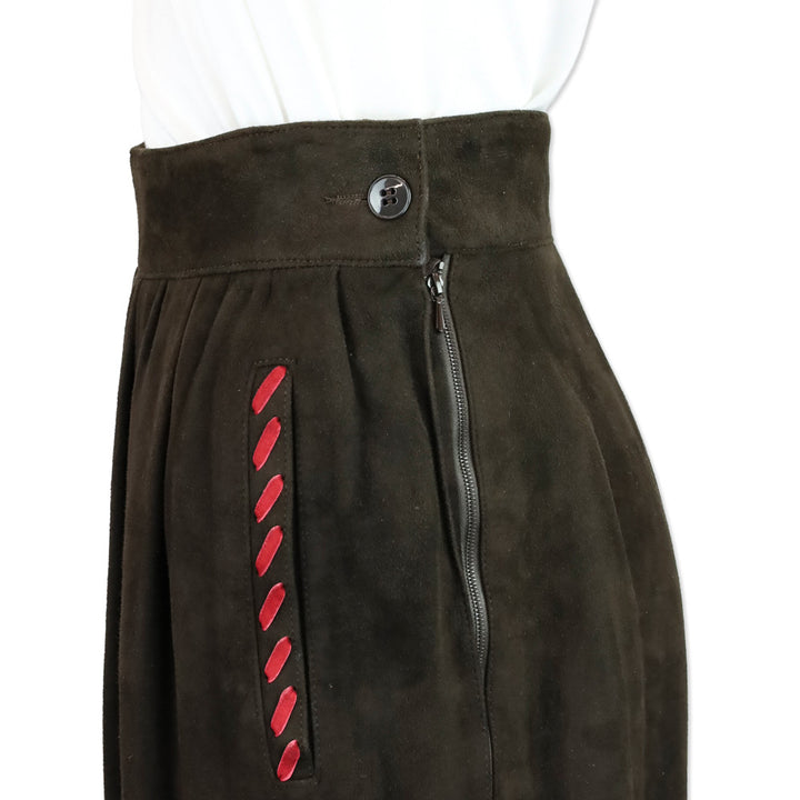 Yves Saint Laurent Brown Suede Midi Skirt with Red Stitch Accent