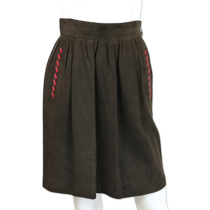 Yves Saint Laurent Brown Suede Midi Skirt with Red Stitch Accent
