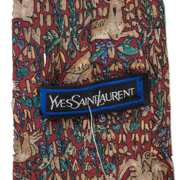 Yves Saint Laurent Burgundy Silk Floral Animal Motif Tie