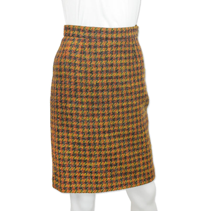 Yves Saint Laurent Encore Yellow/Grey Wool Houndstooth Tweed Midi Skirt