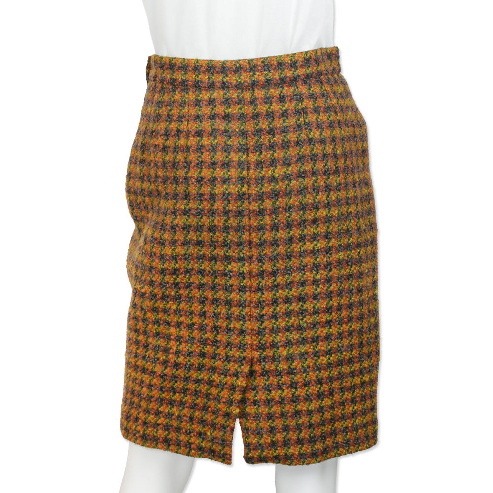Yves Saint Laurent Encore Yellow/Grey Wool Houndstooth Tweed Midi Skirt