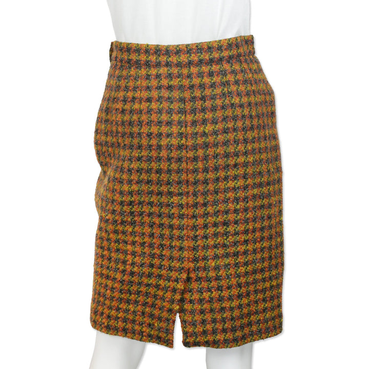 Yves Saint Laurent Encore Yellow/Grey Wool Houndstooth Tweed Midi Skirt