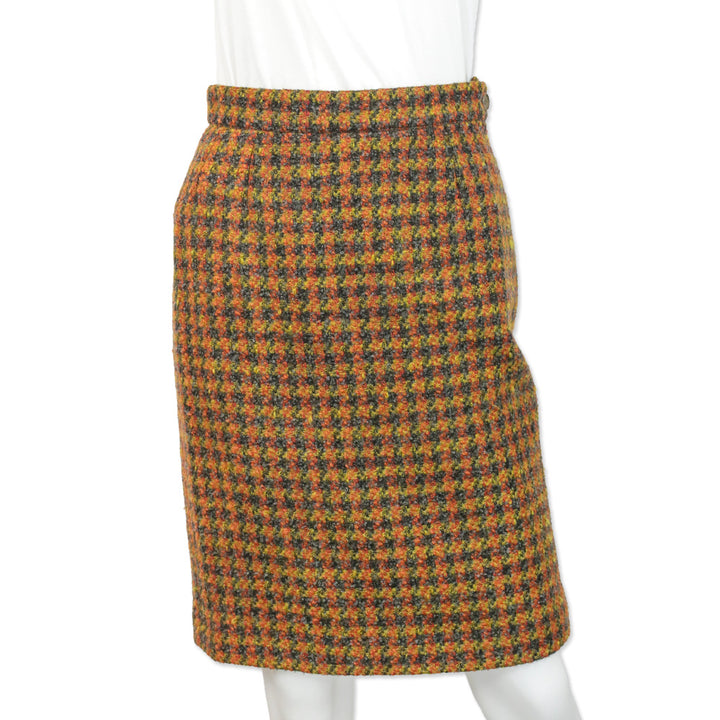 Yves Saint Laurent Encore Yellow/Grey Wool Houndstooth Tweed Midi Skirt