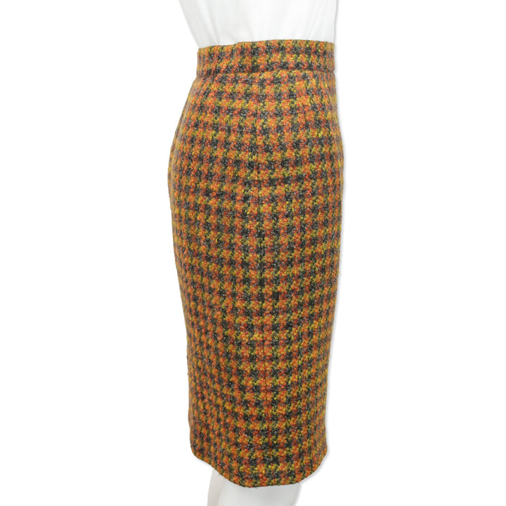 Yves Saint Laurent Encore Yellow/Grey Wool Houndstooth Tweed Midi Skirt