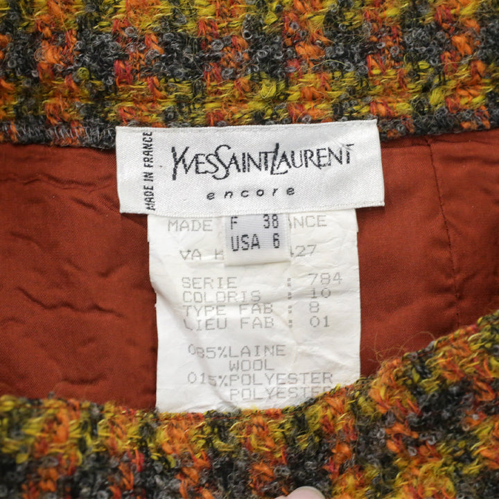 Yves Saint Laurent Encore Yellow/Grey Wool Houndstooth Tweed Midi Skirt