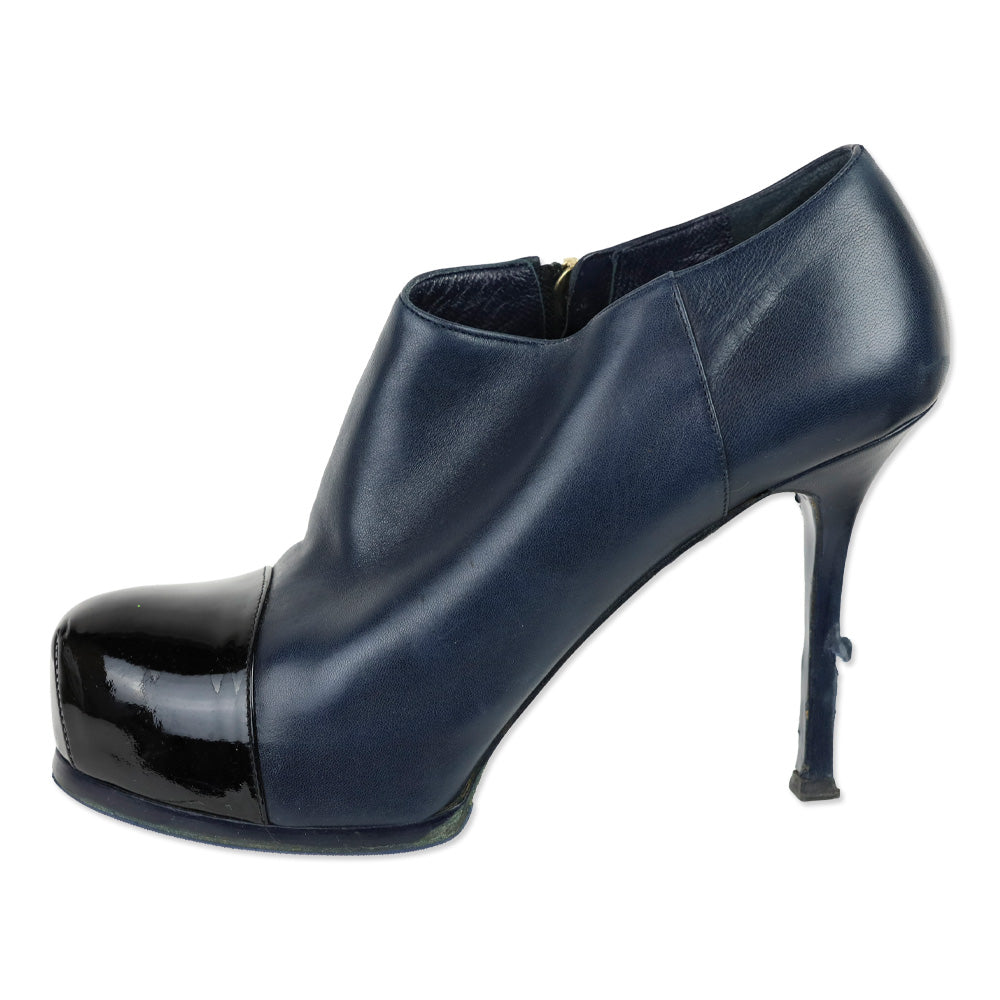 Yves Saint Laurent Navy Blue Leather Cap Toe Tribtoo Ankle Boots