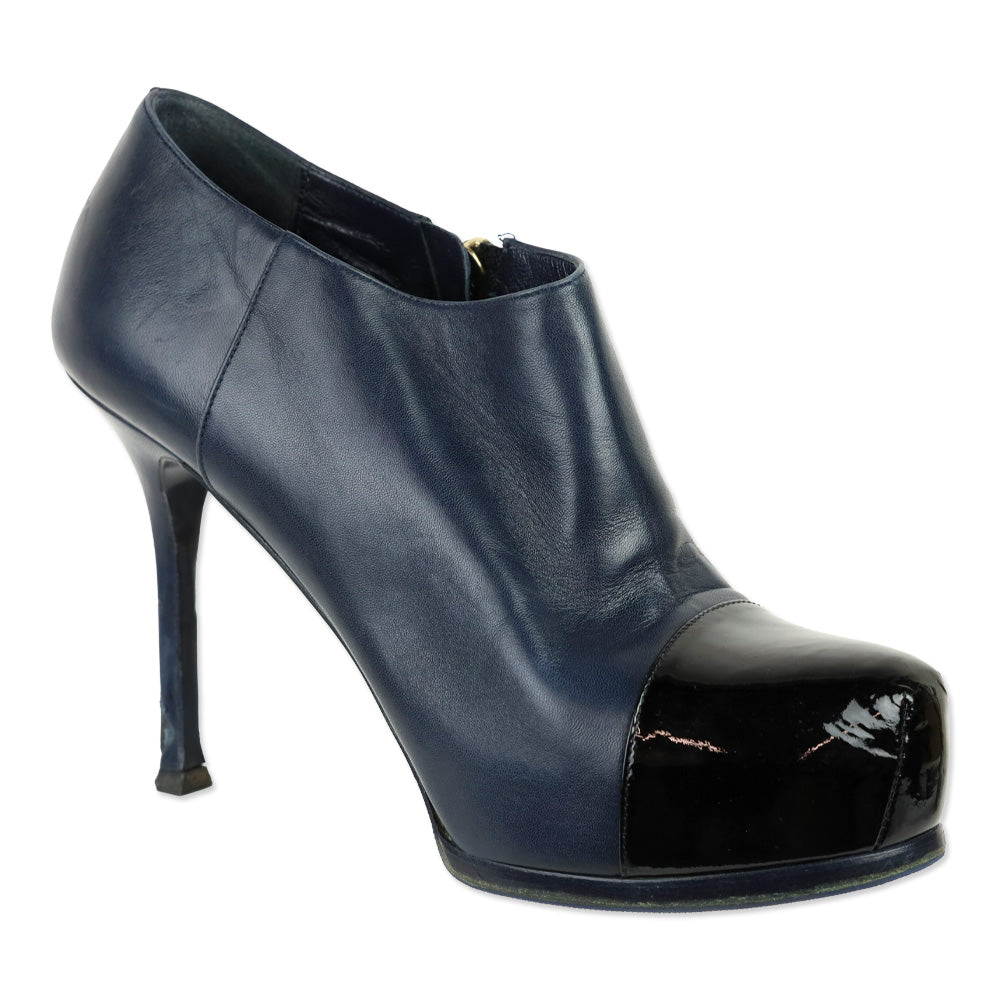 Yves Saint Laurent Navy Blue Leather Cap Toe Tribtoo Ankle Boots