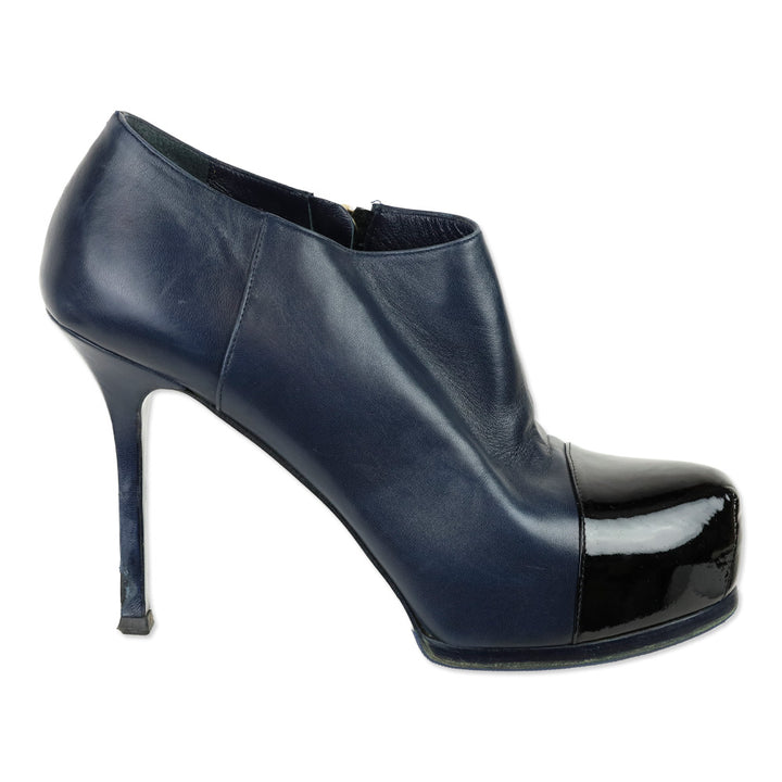 Yves Saint Laurent Navy Blue Leather Cap Toe Tribtoo Ankle Boots
