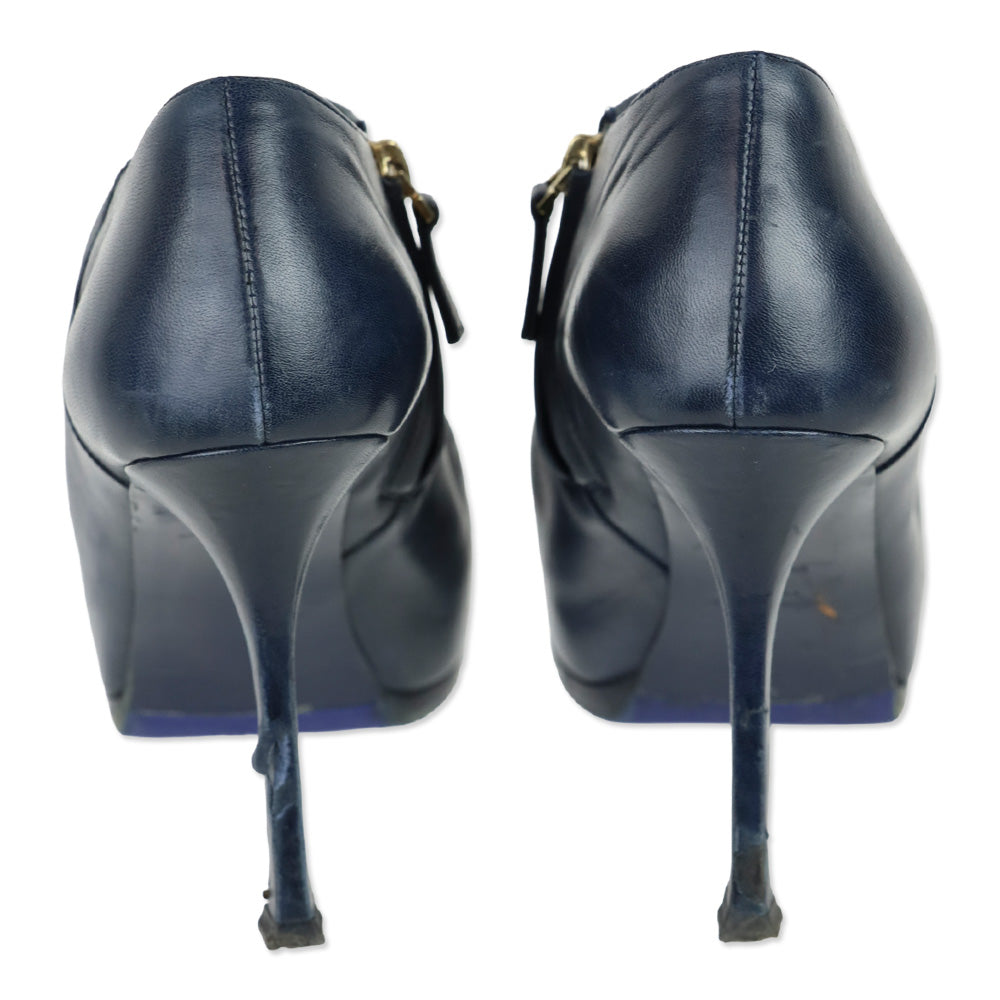 Yves Saint Laurent Navy Blue Leather Cap Toe Tribtoo Ankle Boots