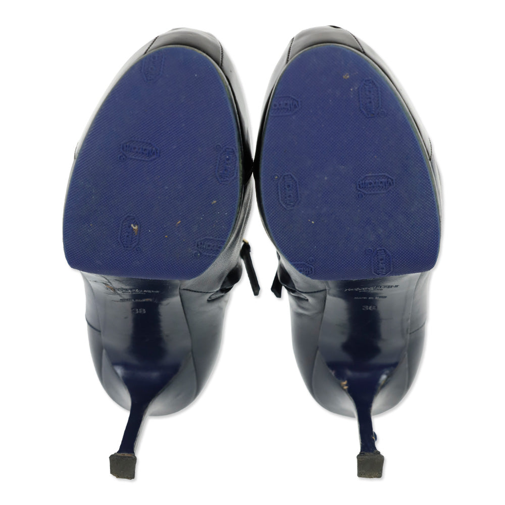 Yves Saint Laurent Navy Blue Leather Cap Toe Tribtoo Ankle Boots