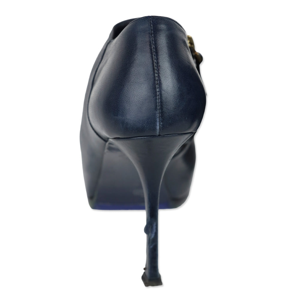 Yves Saint Laurent Navy Blue Leather Cap Toe Tribtoo Ankle Boots