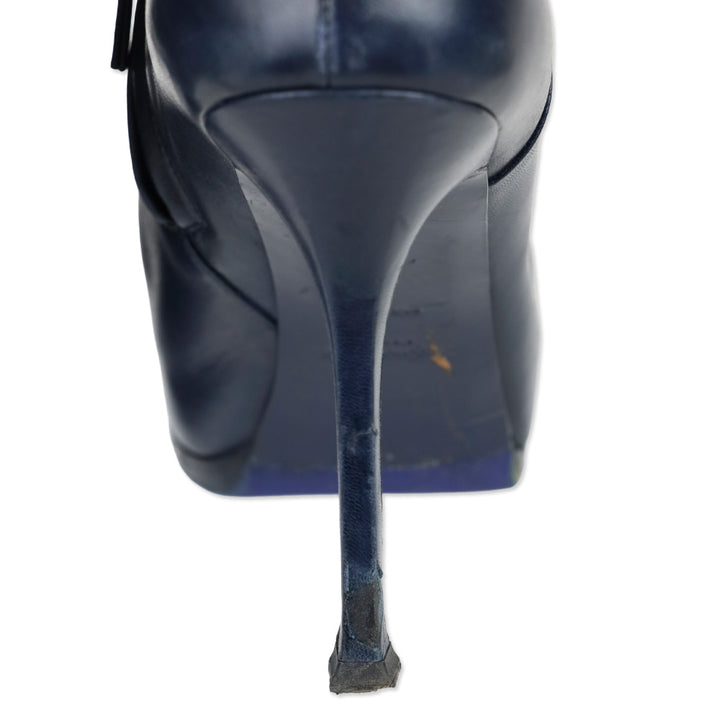 Yves Saint Laurent Navy Blue Leather Cap Toe Tribtoo Ankle Boots