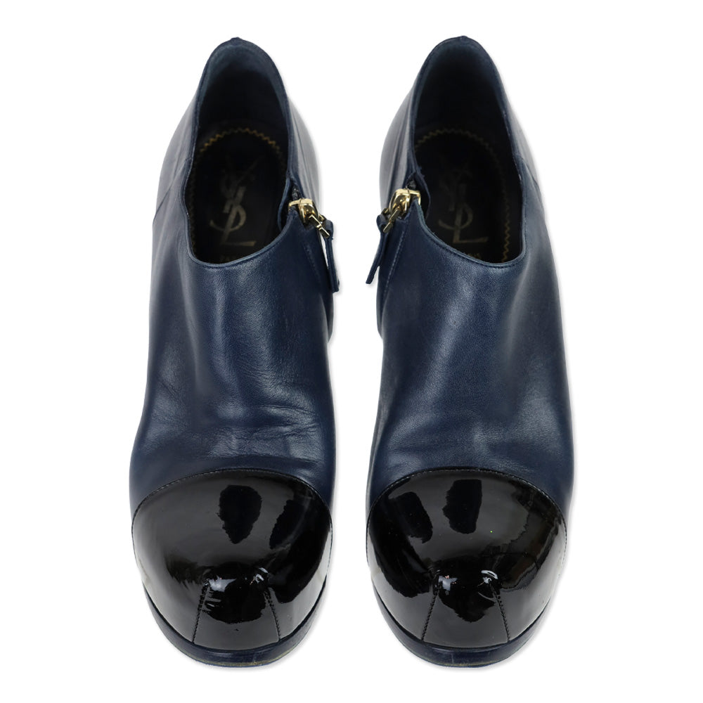 Yves Saint Laurent Navy Blue Leather Cap Toe Tribtoo Ankle Boots