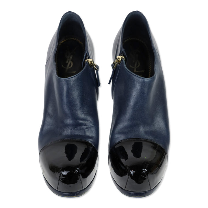 Yves Saint Laurent Navy Blue Leather Cap Toe Tribtoo Ankle Boots