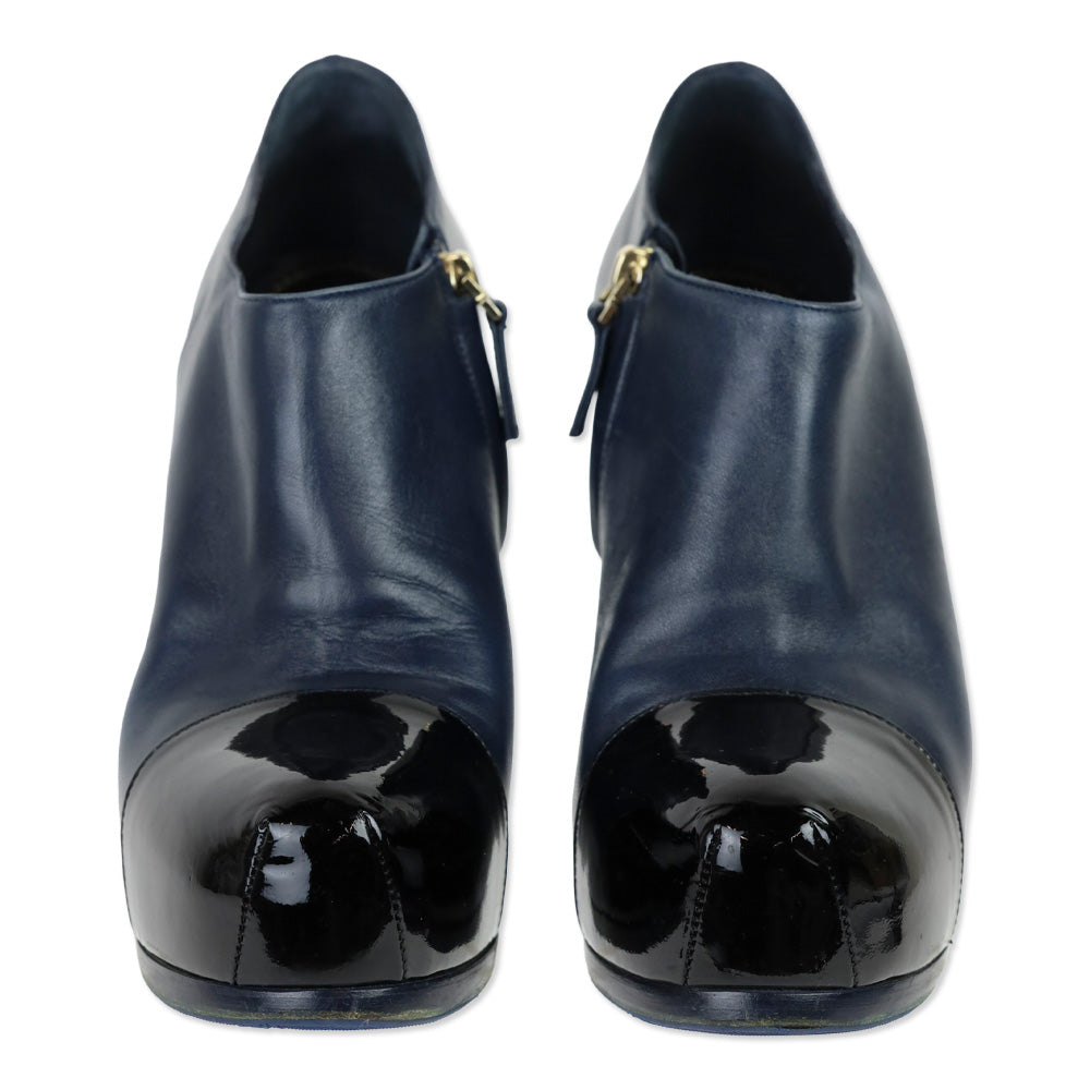 Yves Saint Laurent Navy Blue Leather Cap Toe Tribtoo Ankle Boots