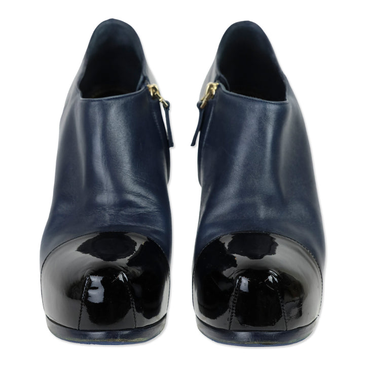 Yves Saint Laurent Navy Blue Leather Cap Toe Tribtoo Ankle Boots