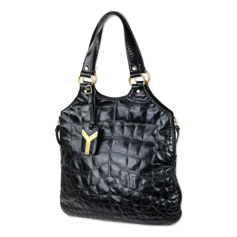 Yves Saint Laurent Rive Gauche Black Croc Quilted Patent Leather Metropolis Tribute Bag