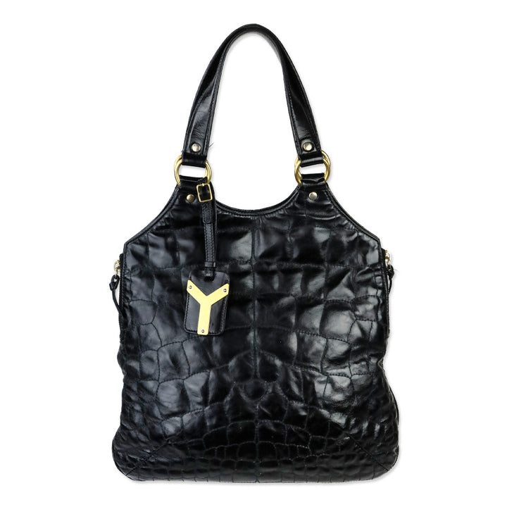 Yves Saint Laurent Rive Gauche Black Croc Quilted Patent Leather Metropolis Tribute Bag