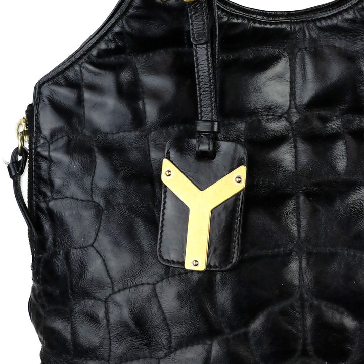 Yves Saint Laurent Rive Gauche Black Croc Quilted Patent Leather Metropolis Tribute Bag