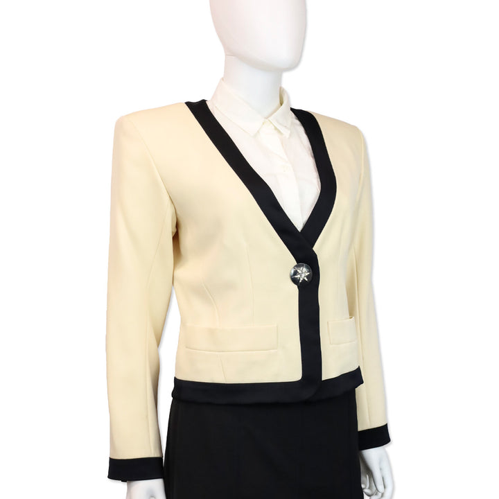Yves Saint Laurent Rive Gauche Vintage Cream Black Trim Wool V-Neck Jacket