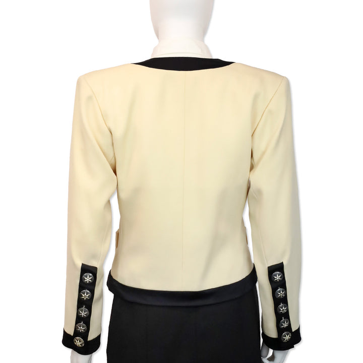 Yves Saint Laurent Rive Gauche Vintage Cream Black Trim Wool V-Neck Jacket