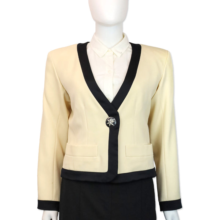 Yves Saint Laurent Rive Gauche Vintage Cream Black Trim Wool V-Neck Jacket