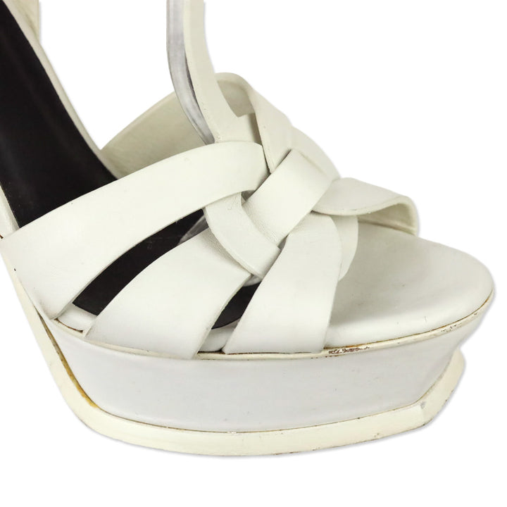 Yves Saint Laurent Tribute White Leather T-Strap Platform Sandals