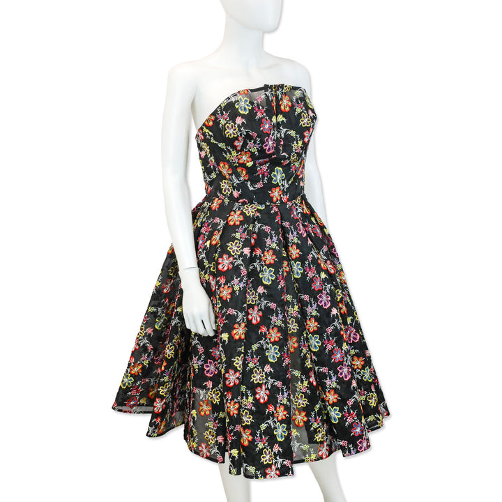 Zac Posen Multi Floral Embroidered Sheer Black Strapless Flare Midi Dress