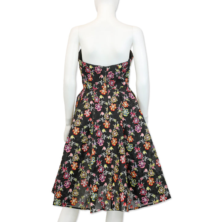 Zac Posen Multi Floral Embroidered Sheer Black Strapless Flare Midi Dress