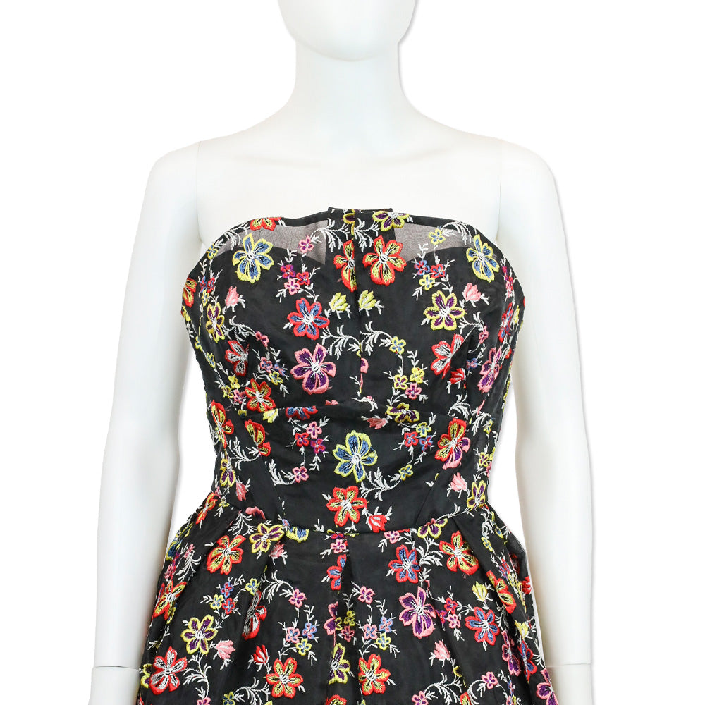 zac posen strapless floral embroidered midi dress Zac Posen Multi Floral Embroidered Sheer Black Strapless Flare Midi Dress