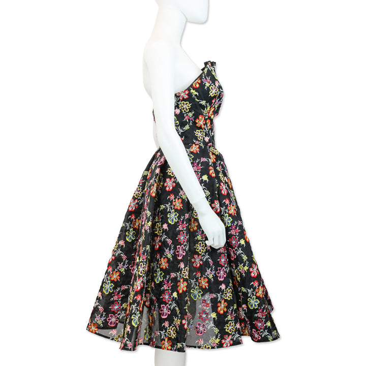 Zac Posen Multi Floral Embroidered Sheer Black Strapless Flare Midi Dress