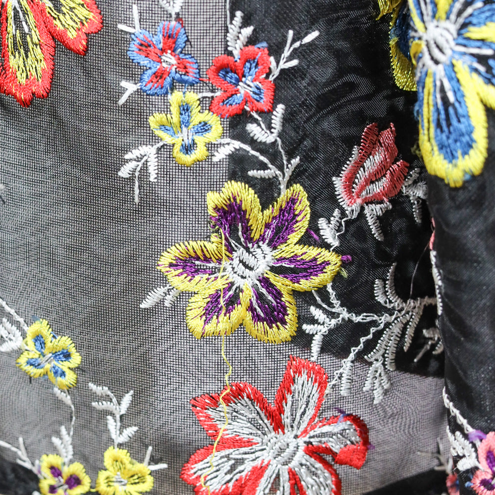 Zac Posen Multi Floral Embroidered Sheer Black Strapless Flare Midi Dress