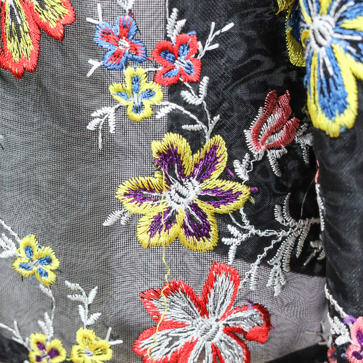 Zac Posen Multi Floral Embroidered Sheer Black Strapless Flare Midi Dress