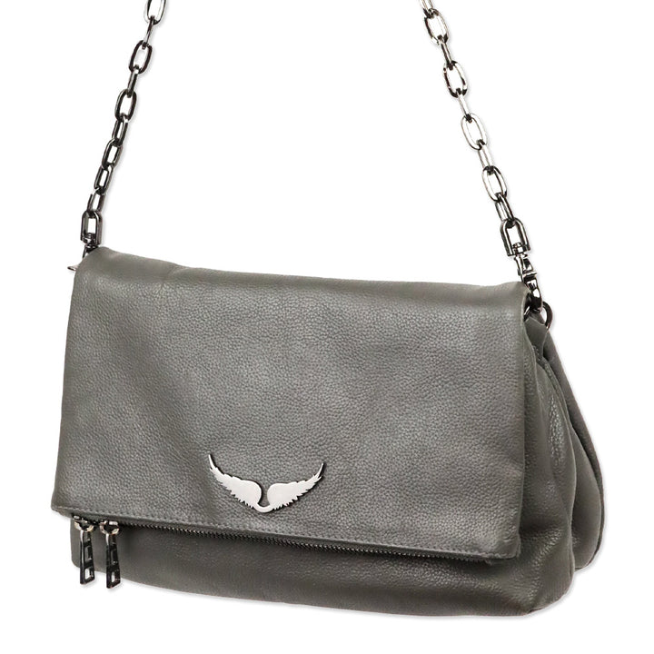 Zadig & Voltaire Grey Pebble Leather Rock Clutch Shoulder Bag