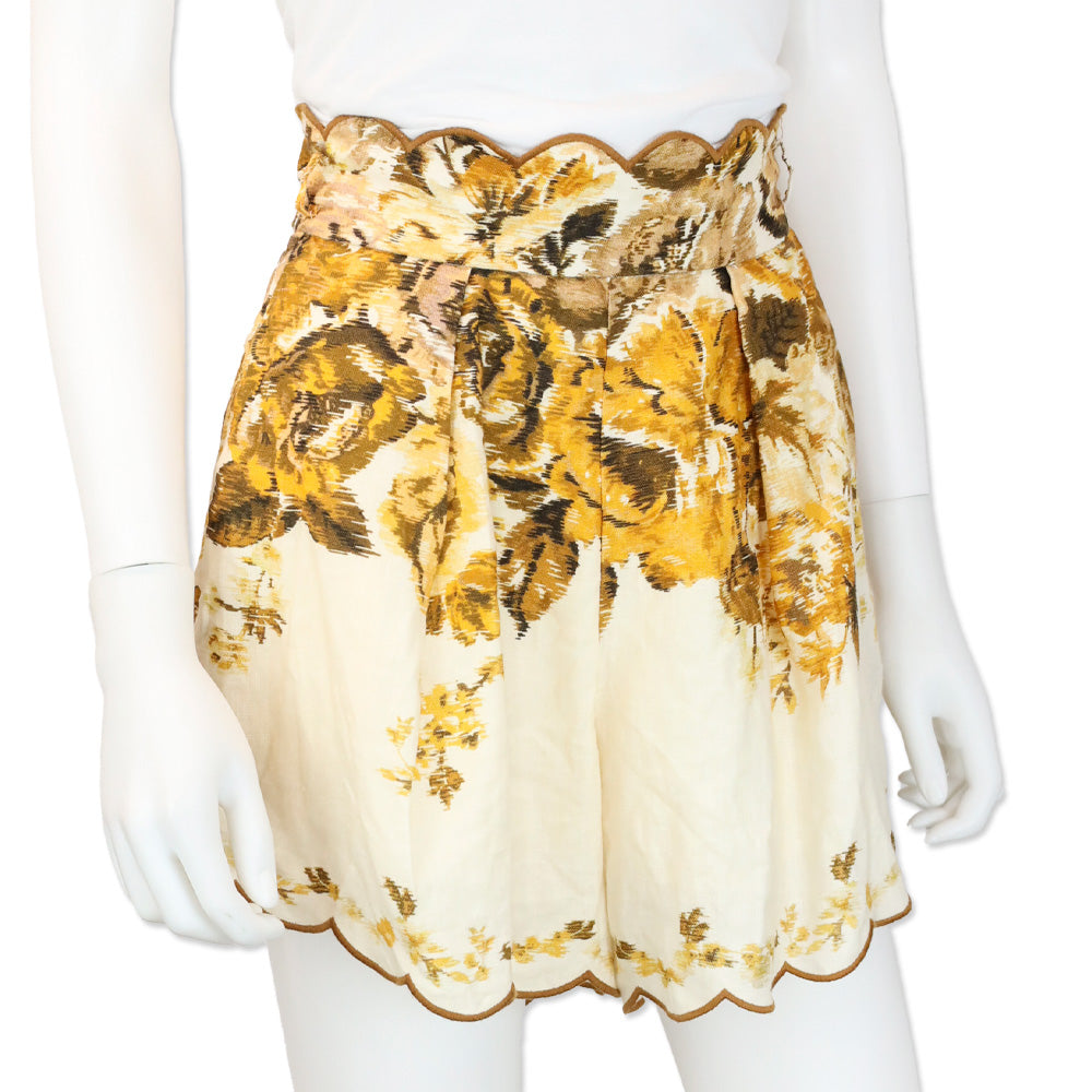 Zimmermann Aliane Floral-Print Scalloped Linen Shorts