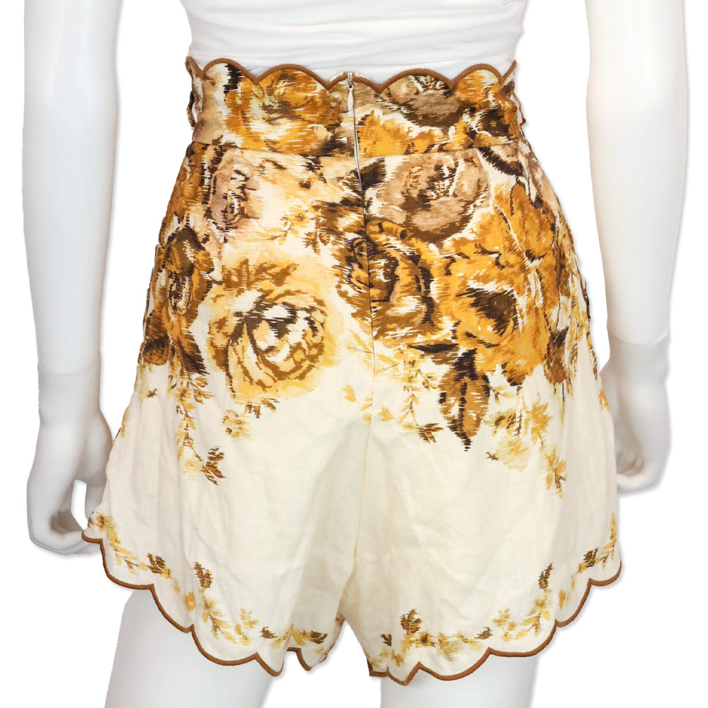 Zimmermann Aliane Floral-Print Scalloped Linen Shorts