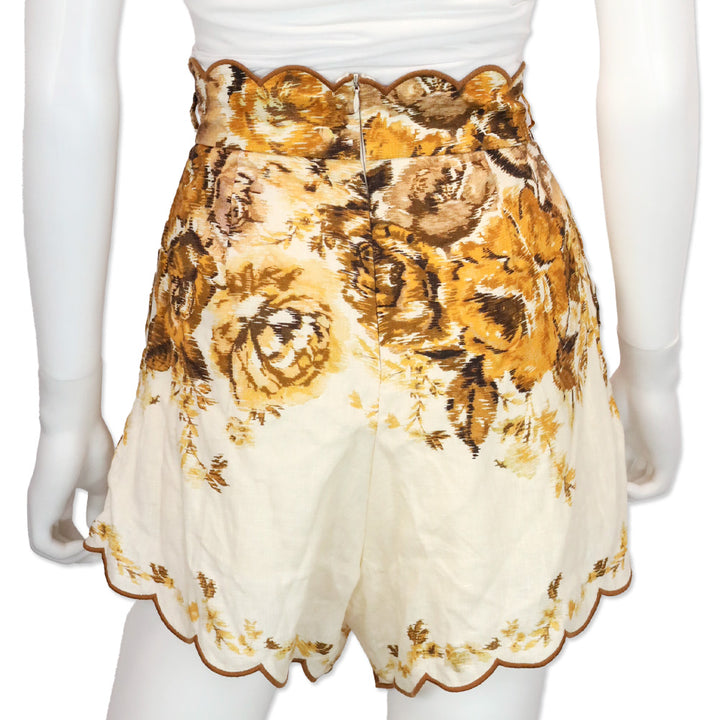 Zimmermann Aliane Floral-Print Scalloped Linen Shorts