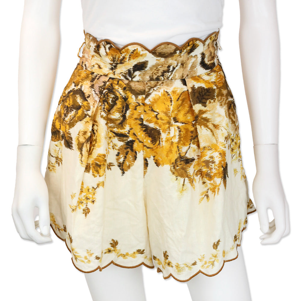 Zimmermann Aliane Floral-Print Scalloped Linen Shorts