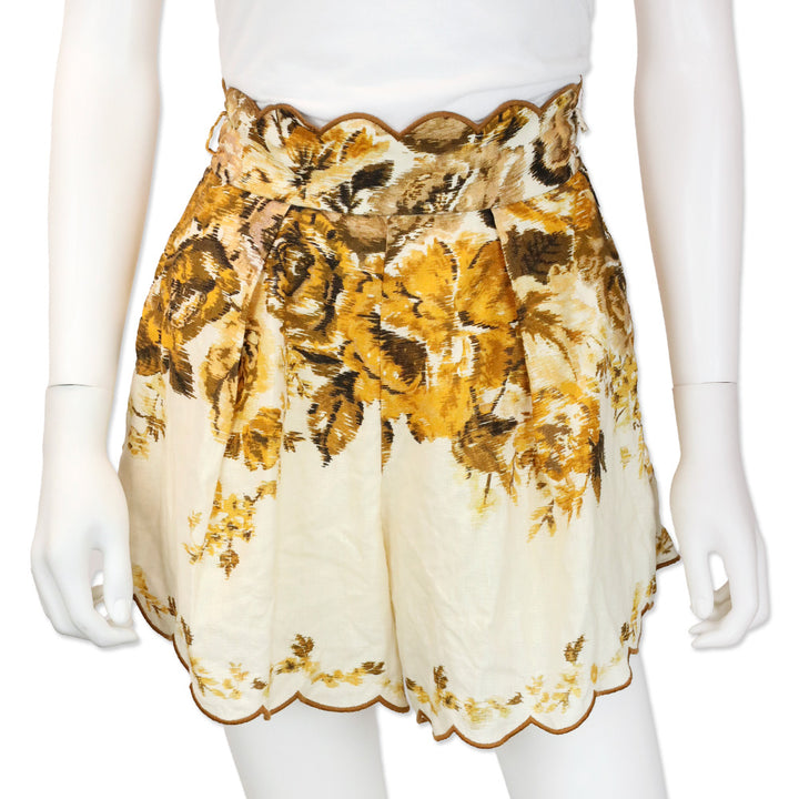 Zimmermann Aliane Floral-Print Scalloped Linen Shorts