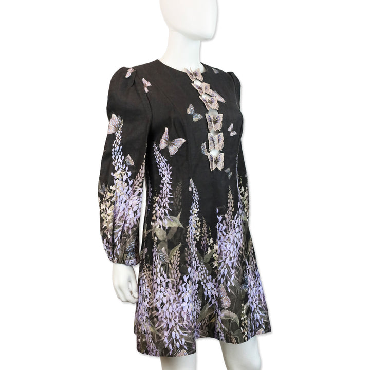 Zimmermann Botanica Black Lavender Tea Linen Butterfly Mini Dress